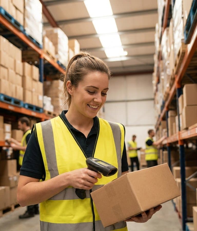 Préparatrice de commandes souriante en gilet jaune qui scanne un colis dans un entrepôt logistique