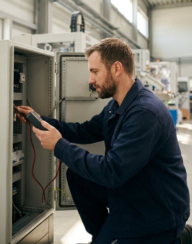 Technicien de maintenance qui contrôle une armoire électrique avec un multimètre, dans une usine lumineuse