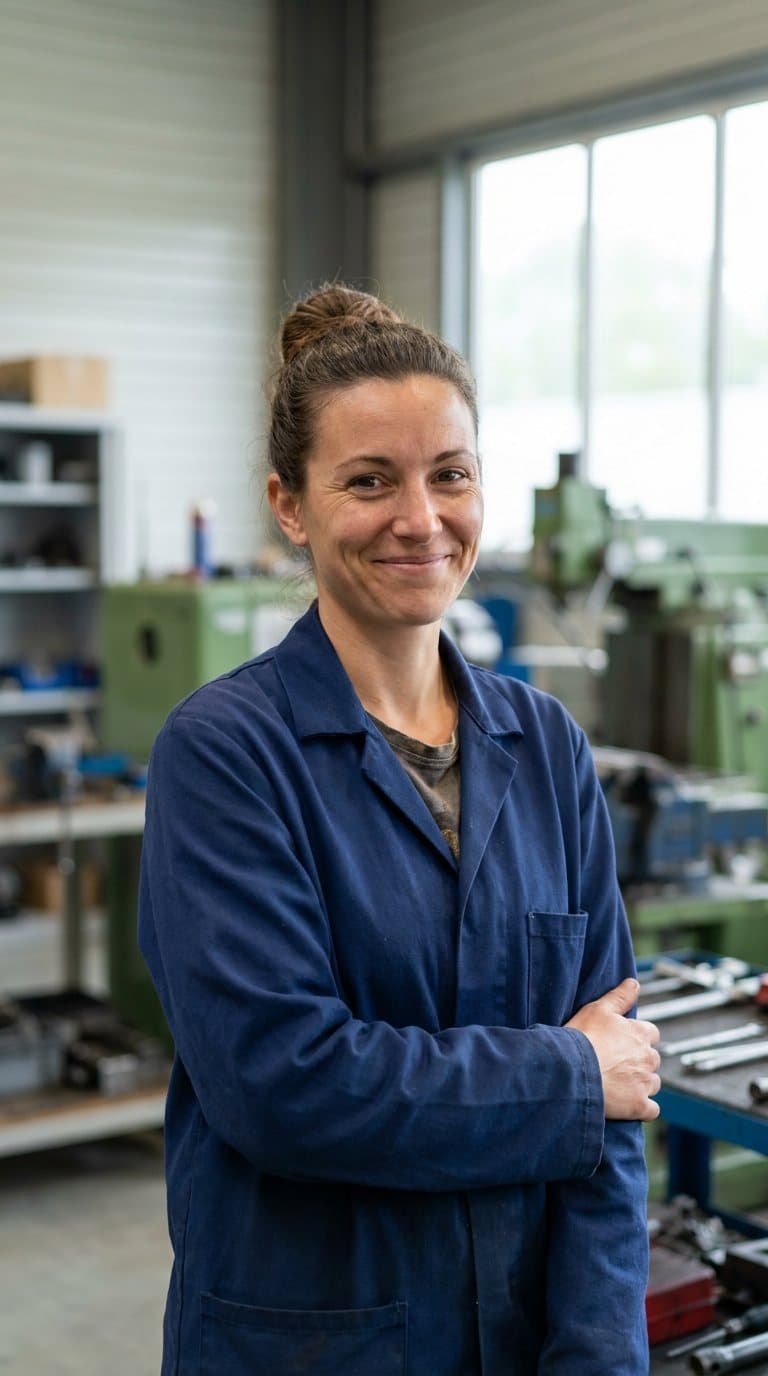 Technicienne de maintenance souriante, en veste de travail, dans un atelier lumineux