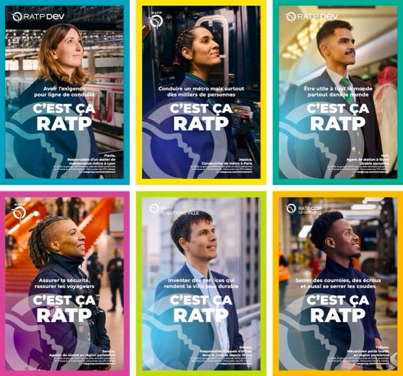 Six affiches de la campagne « C’est ça RATP » : des salariés du groupe, dont une conductrice de métro et un mécanicien poids lourds