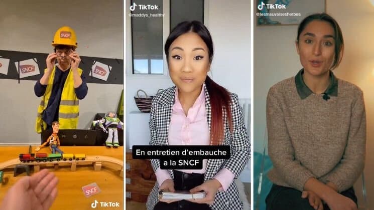 Trois vidéos TikTok de créateurs de contenu qui présentent des métiers de la SNCF