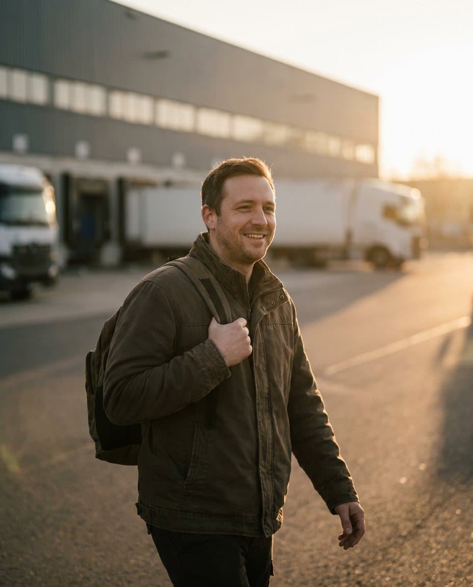 Salarié souriant qui quitte un entrepôt en fin d’après-midi, au soleil